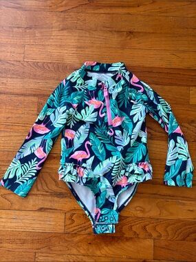 Carter's Navy Rashguard Swimsuit with Pink Flamingo & Teal Leaves